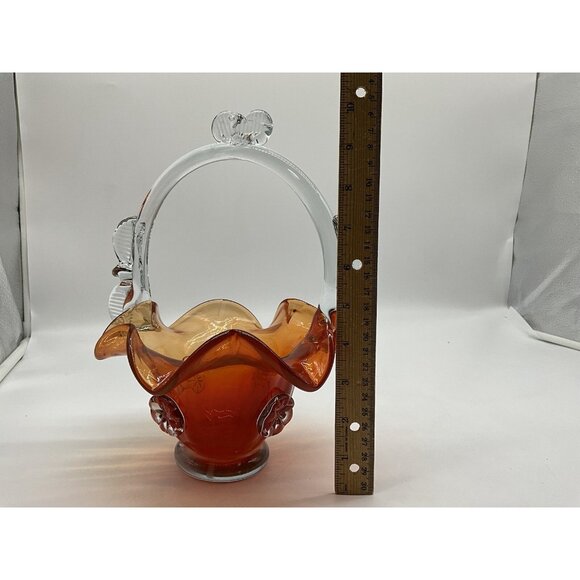 Vintage Hungarian Art Glass Burnt Orange And Clear 10 Inch Basket Collectible - Picture 7 of 16